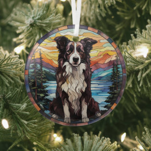 Border Collie Dog Scenic Mountain Stained Glass Tree Decoration