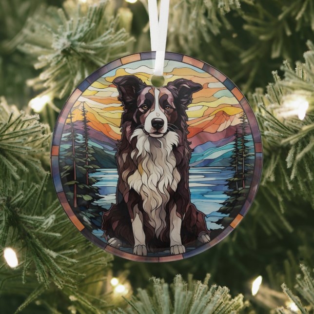 Border Collie Dog Scenic Mountain Stained Glass Tree Decoration (Insitu)