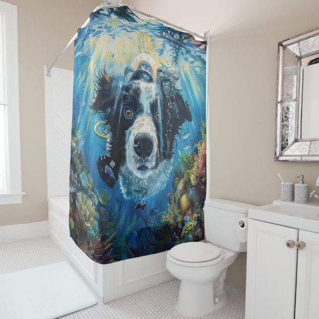Border Collie Dog Scuba Diving Underwater Shower Curtain (In Situ)