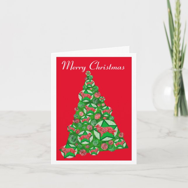 Border Collie Dog Silhouette Christmas Tree Red Card (Front)