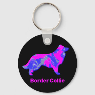 Border Collie Dog Silhouette Hot Pink Key Ring