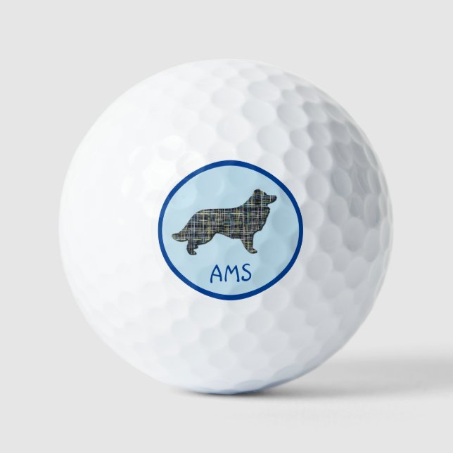 Border Collie Dog Silhouette Monogram Grid Blue Golf Balls (Front)