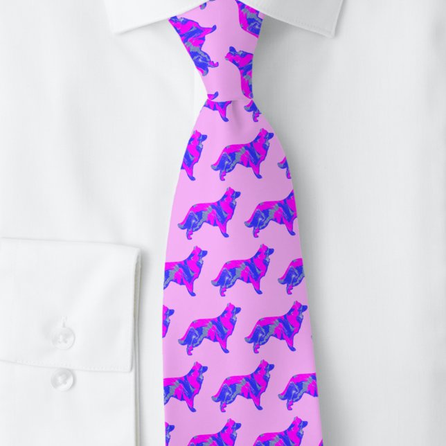 Border Collie Dog Silhouette Pink&Blue Pink Tie (Pink and blue silhouette border collie dog pattern pink tie)