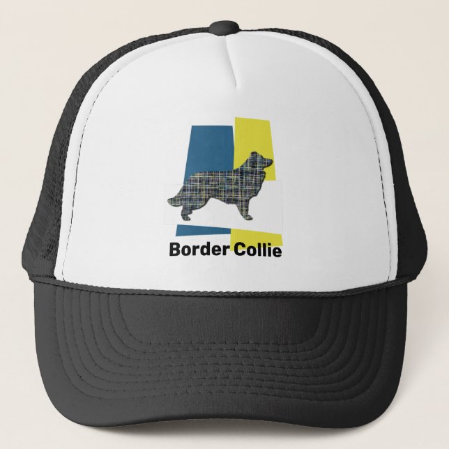 Border Collie Dog Silhouette Tricolour Grid Trucker Hat (Front)