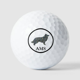 Border Collie Dog Silhouette Yellow & Blue Grid Golf Balls