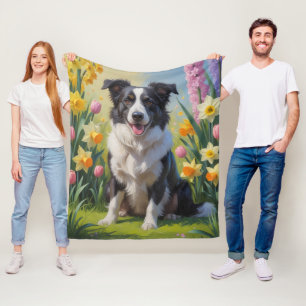 Border Collie Dog Spring Flowers Painting Fleece Blanket