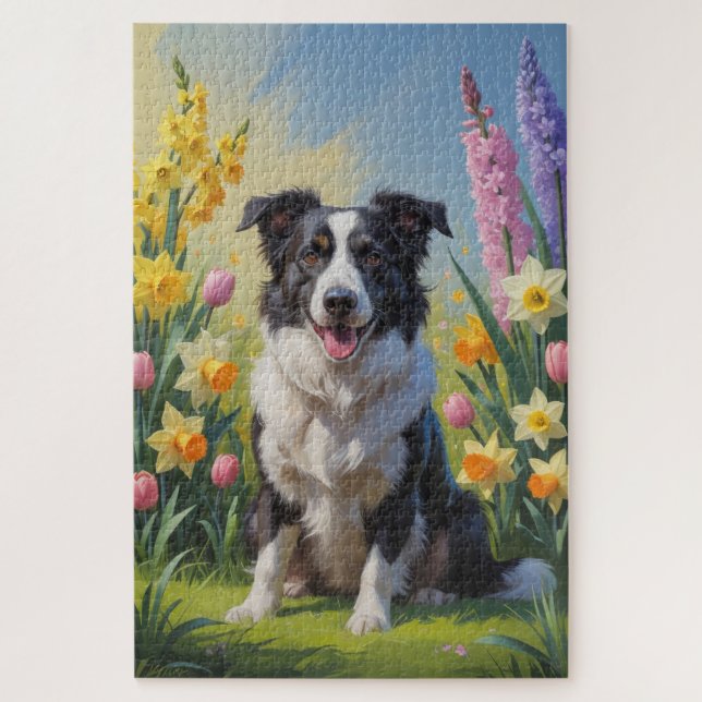 Border Collie Dog Spring Flowers Painting Jigsaw Puzzle (Vertical)