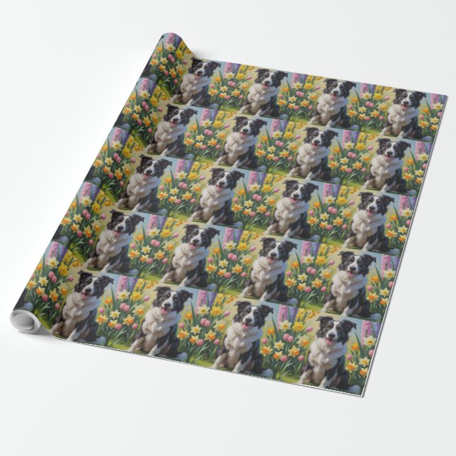 Border Collie Dog Spring Flowers Painting Wrapping Paper (Unrolled)