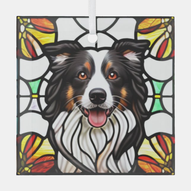 Border Collie Dog "Stained Glass"  Glass Tree Decoration (Front)
