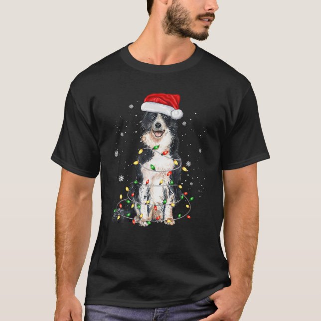 Border Collie Dog Tree Christmas Lights Xmas Pajam T-Shirt (Front)