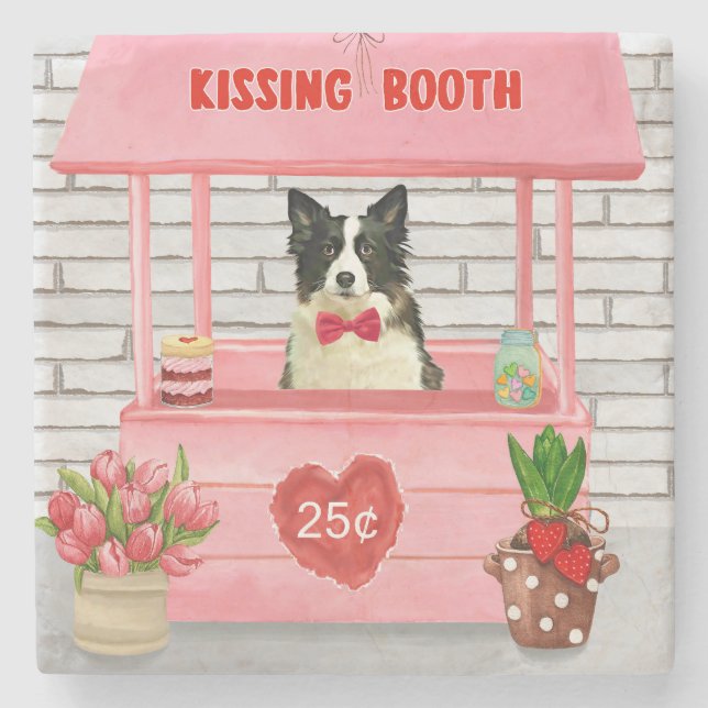 Border Collie Dog Valentine's Day Kissing Booth Stone Coaster (Front)