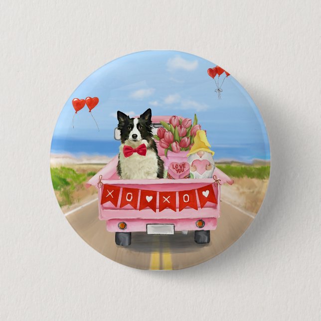 Border Collie Dog Valentine's Day Truck Hearts  6 Cm Round Badge (Front)