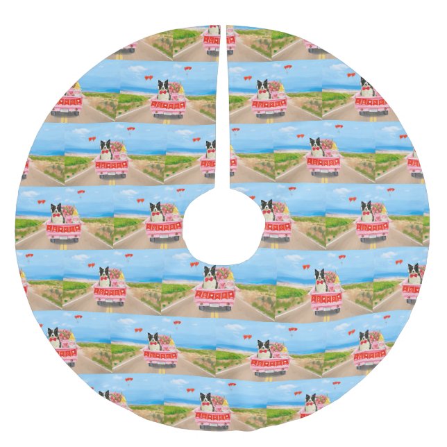 Border Collie Dog Valentine's Day Truck Hearts  Brushed Polyester Tree Skirt (Front)