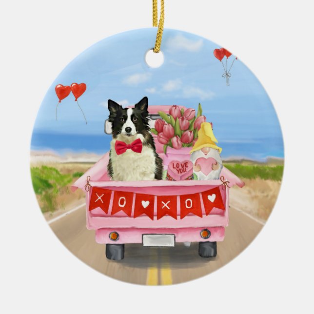 Border Collie Dog Valentine's Day Truck Hearts  Ceramic Tree Decoration (Front)