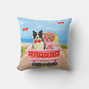 Border Collie Dog Valentine's Day Truck Hearts Cushion