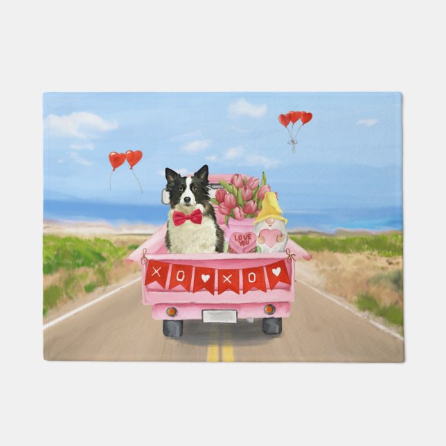 Border Collie Dog Valentine's Day Truck Hearts Doormat (Front)