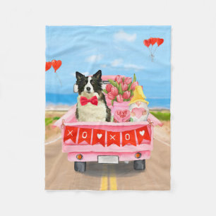Border Collie Dog Valentine's Day Truck Hearts Fleece Blanket