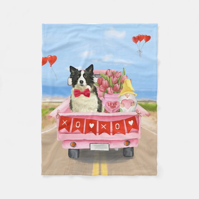 Border Collie Dog Valentine's Day Truck Hearts Fleece Blanket (Front)