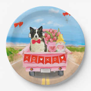 Border Collie Dog Valentine's Day Truck Hearts Paper Plate