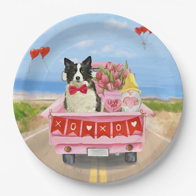 Border Collie Dog Valentine's Day Truck Hearts Paper Plate (Front)
