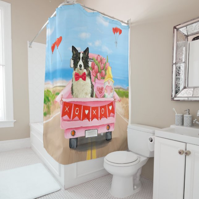 Border Collie Dog Valentine's Day Truck Hearts Shower Curtain (In Situ)