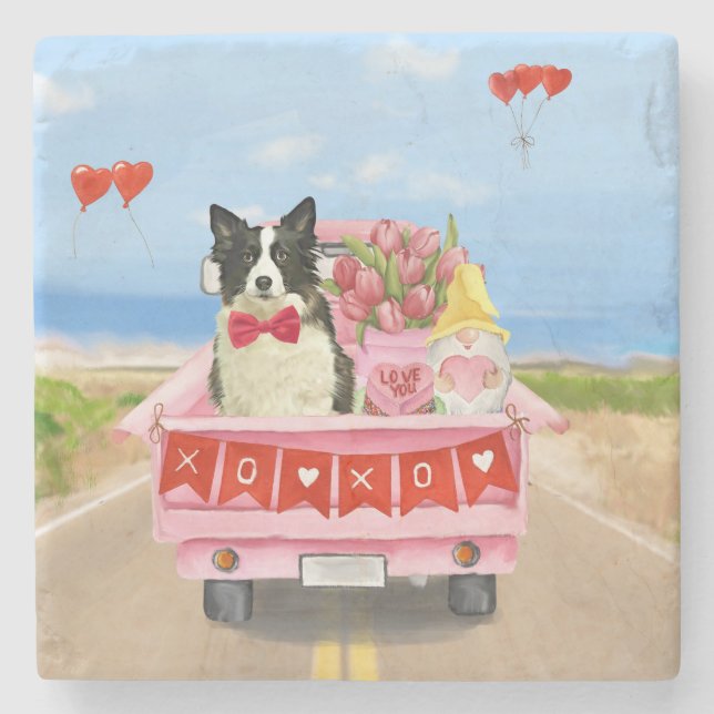 Border Collie Dog Valentine's Day Truck Hearts Stone Coaster (Front)