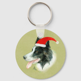 Border Collie Dog w Christmas Santa Hat Key Ring