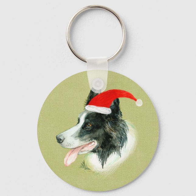 Border Collie Dog w Christmas Santa Hat Key Ring (Front)