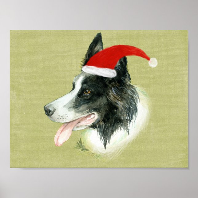 Border Collie Dog w Christmas Santa Hat Poster (Front)