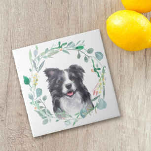 Border Collie Dog Watercolor Wreath Ceramic Tile
