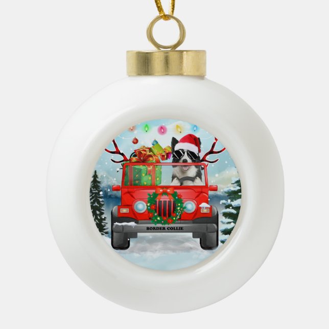 Border Collie dog with Christmas gifts Ceramic Ball Christmas Ornament (Front)
