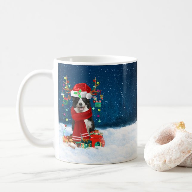 Border Collie dog with Christmas gifts  Coffee Mug (With Donut)