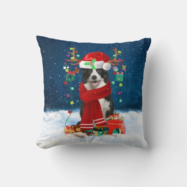 Border Collie dog with Christmas gifts Cushion (Front)