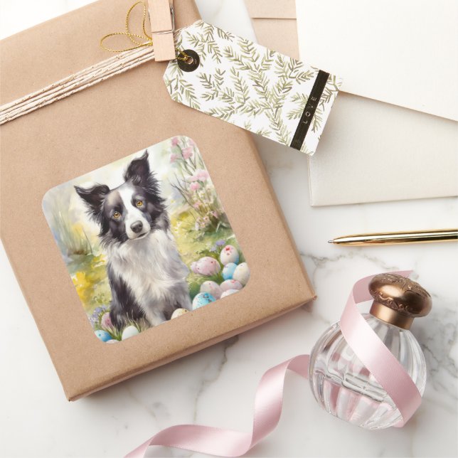 Border Collie Dog with Easter Eggs Holiday  Square Sticker (Gifting)