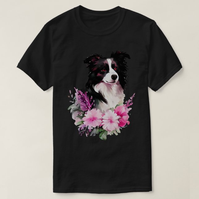 Border collie dog with flowers T-Shirt (Design Front)