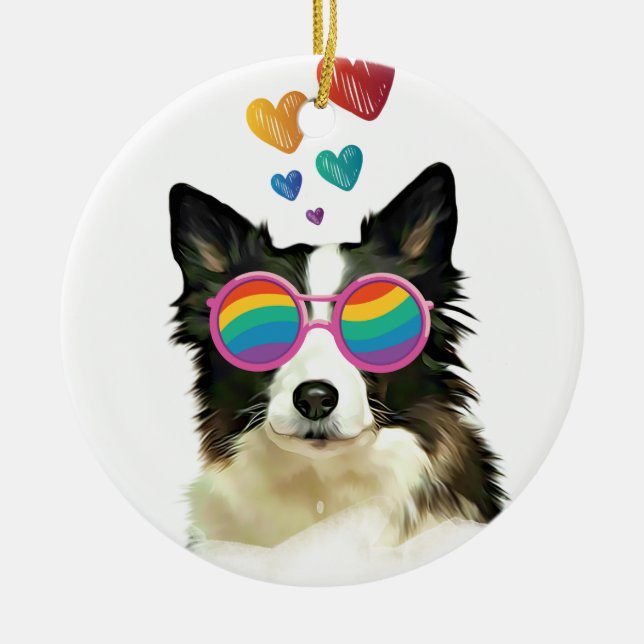 Border Collie  Dog with Hearts Valentine's Day  Ceramic Tree Decoration (Front)