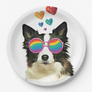 Border Collie  Dog with Hearts Valentine's Day Paper Plate