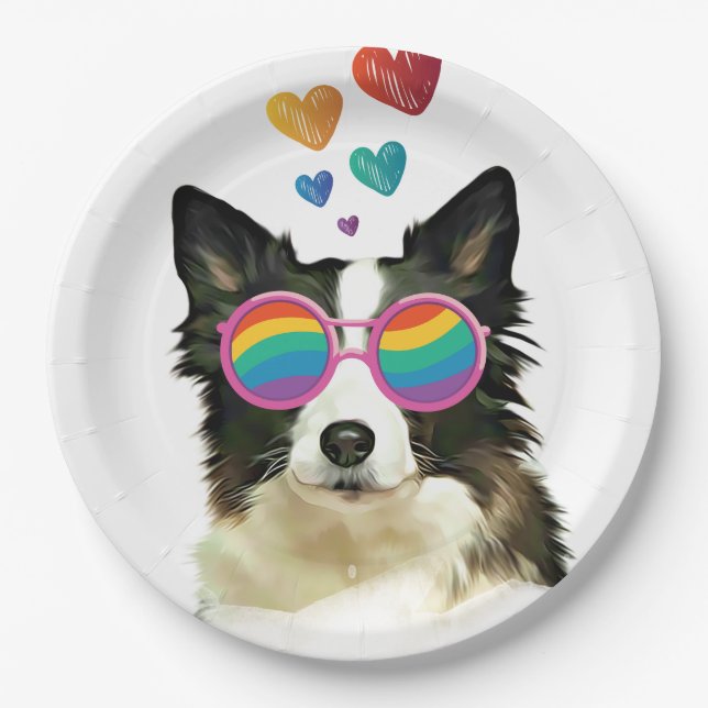 Border Collie  Dog with Hearts Valentine's Day Paper Plate (Front)