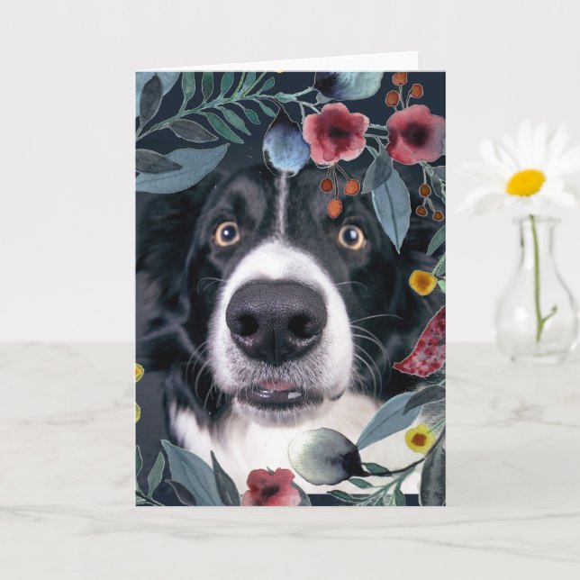 Border Collie Dog with Watercolor Pink Flower Card (Small Plant)