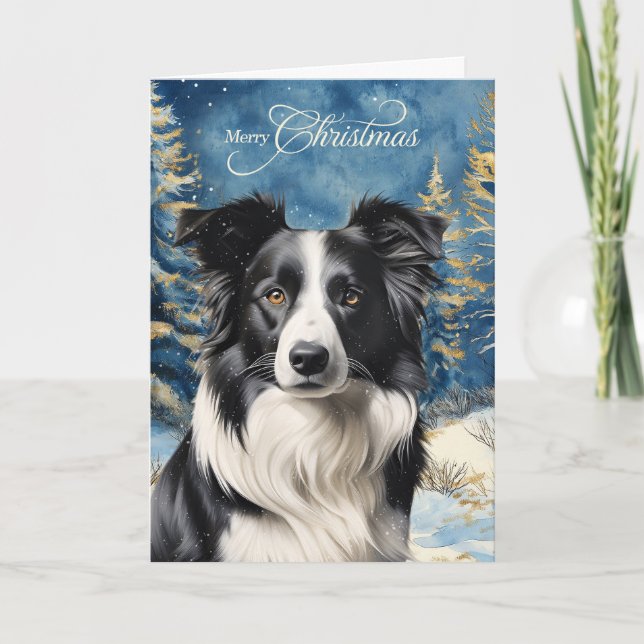 Border Collie Dog Woodland Forest Christmas Holiday Card (Front)