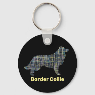Border Collie Dog Yellow & Black Grid Line Key Ring