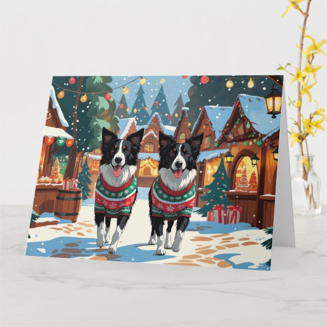 Border Collie Dogs Christmas Snow Holiday Card (Yellow Flower)