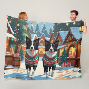 Border Collie Dogs Christmas Snow Holiday Fleece Blanket