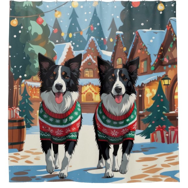 Border Collie Dogs Christmas Snow Holiday Shower Curtain (Front)