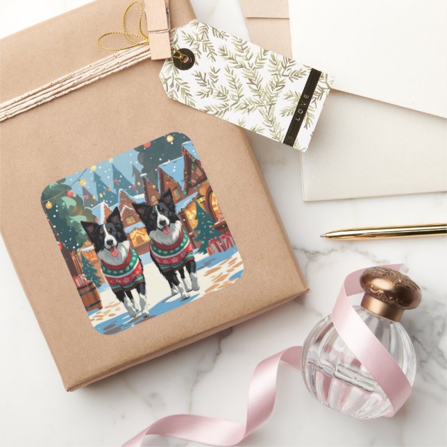 Border Collie Dogs Christmas Snow Holiday Square Sticker (Gifting)