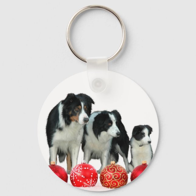 Border Collie Dogs with Red Christmas Ornaments Key Ring (Front)