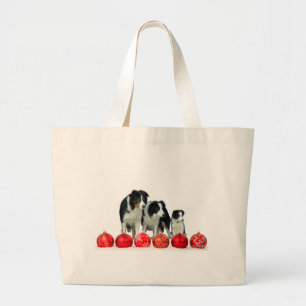Border Collie Dogs with Red Christmas Ornaments Large Tote Bag