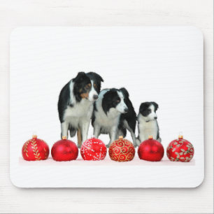 Border Collie Dogs with Red Christmas Ornaments Mouse Mat