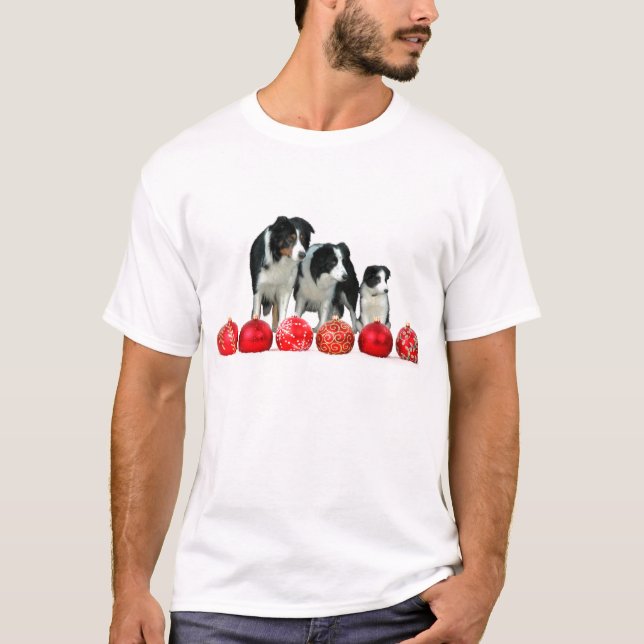 Border Collie Dogs with Red Christmas Ornaments T-Shirt (Front)