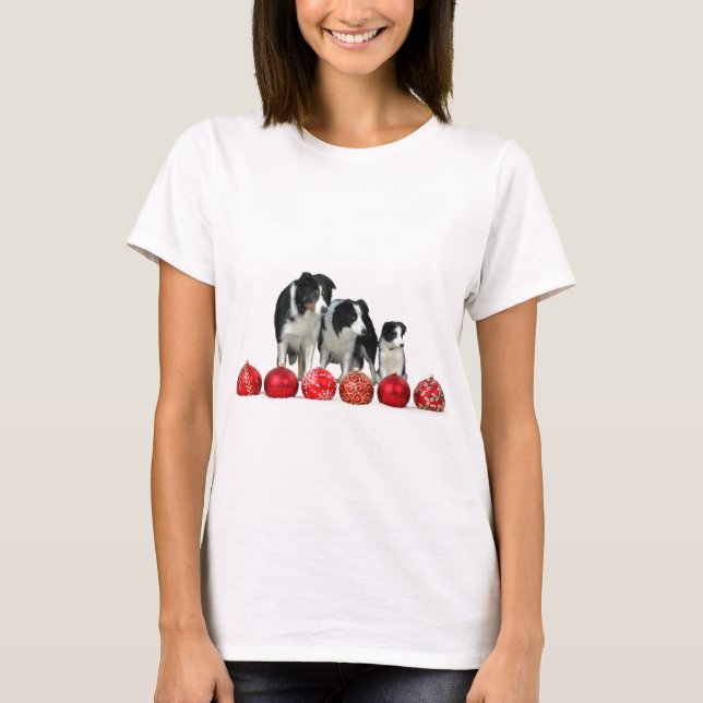 Border Collie Dogs with Red Christmas Ornaments T-Shirt (Front)